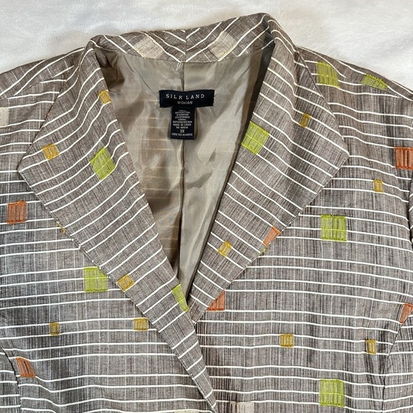 Silk Land Woman 3X Blazer Jacket Brown Striped Geometric Cotton Blend Plus Size - Picture 11 of 14